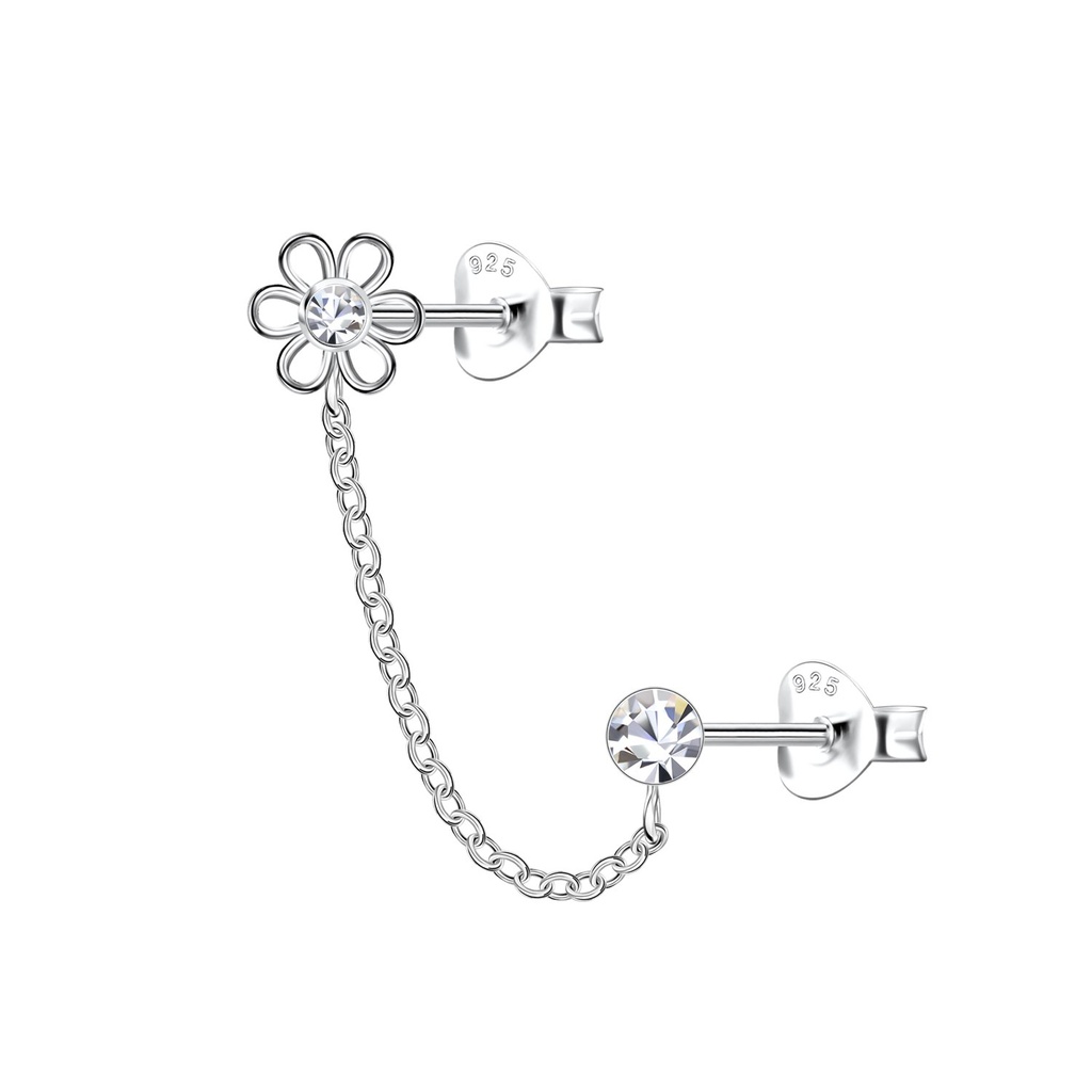 Silver Flower Double Stud Earrings with Chain