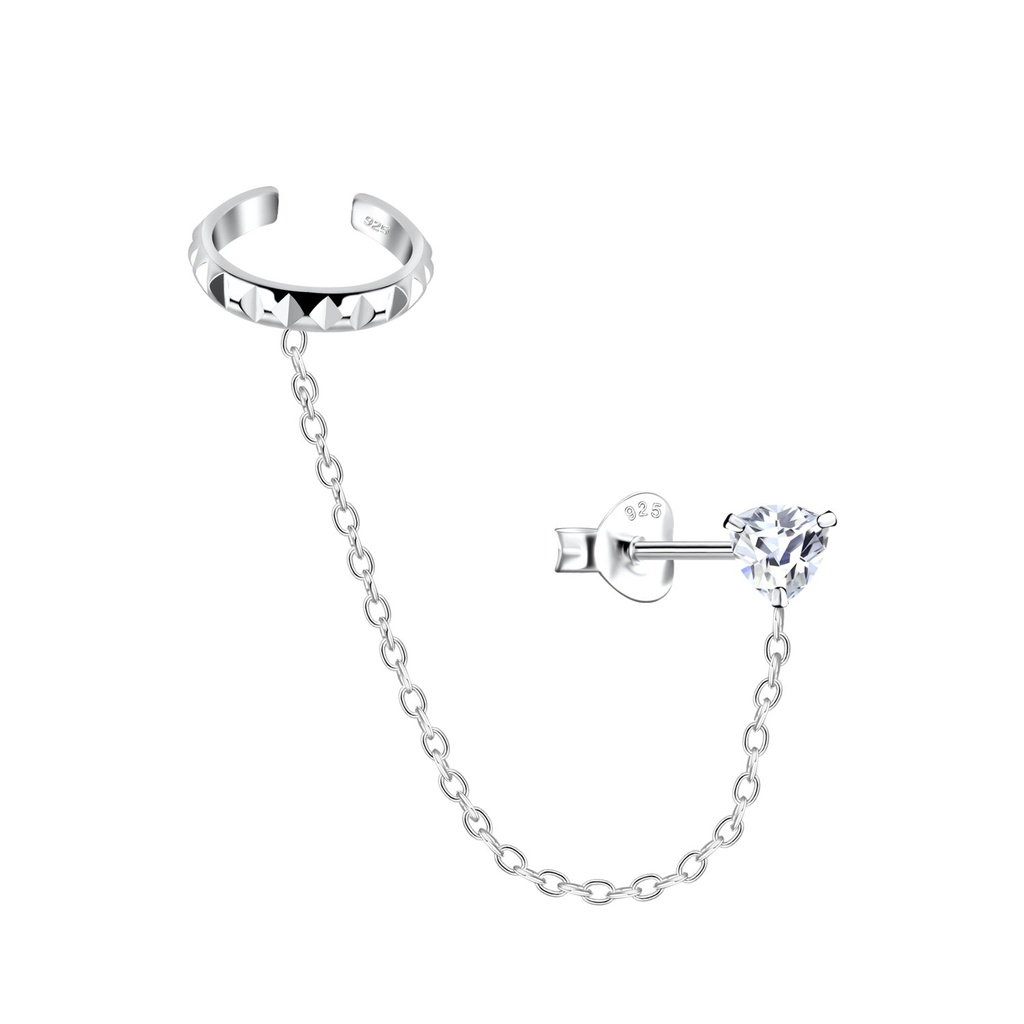 [10031988] Puces d'oreilles zircon trillion et ear cuff à motifs en argent 4 mm avec chaîne