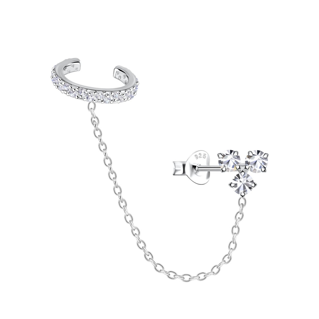 [10031987] Puces d'oreilles trois pierres et ear cuff éternité en argent avec chaîne