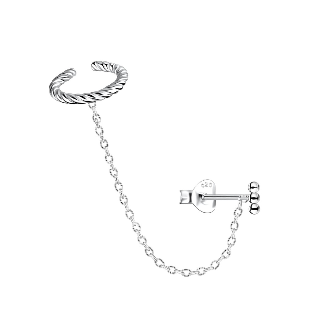[10031986] Puces d'oreilles barre boule et ear cuff torsadé en argent avec chaîne