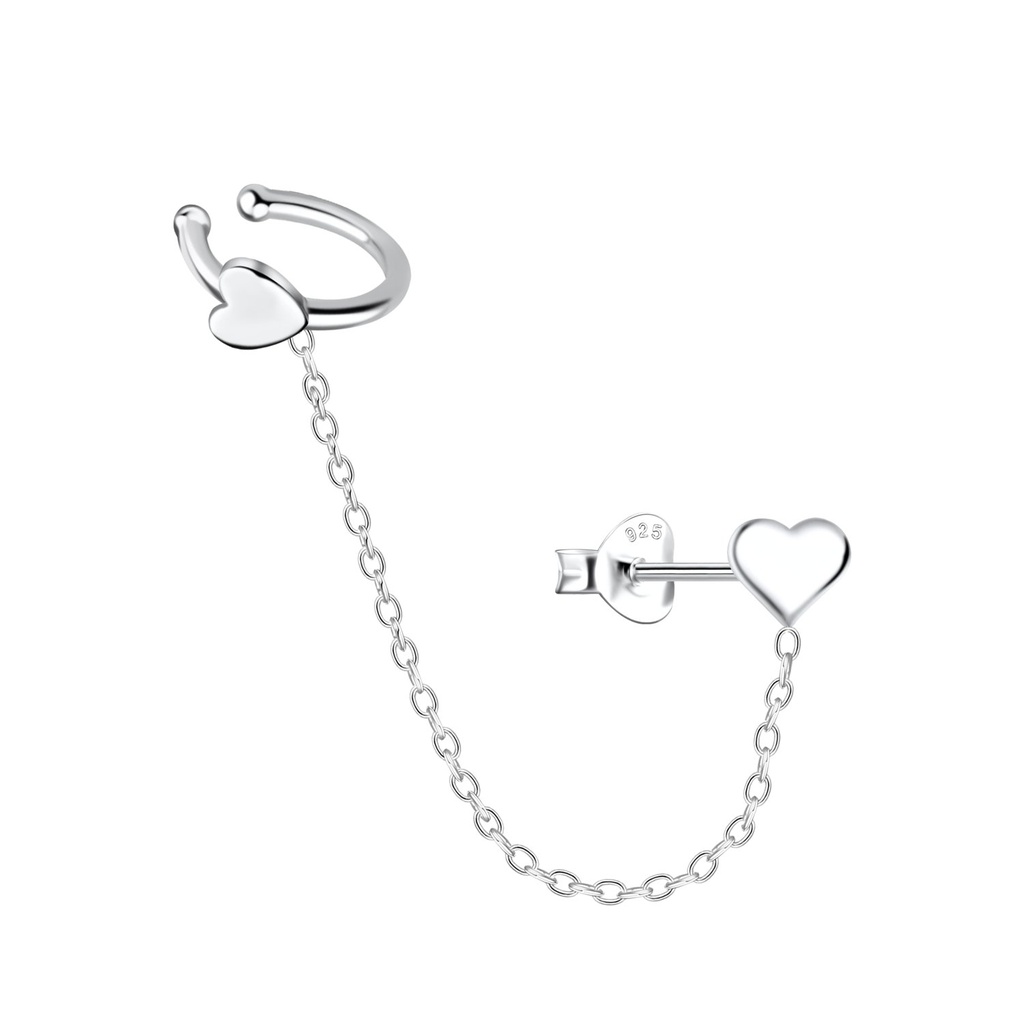 Puces d'oreilles cœur et ear cuff en argent avec chaîne