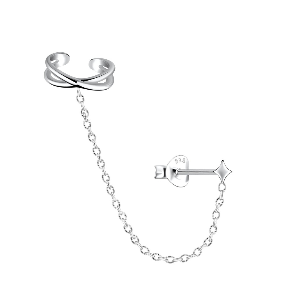 Puces d'oreilles étoile et ear cuff croix en argent avec chaîne