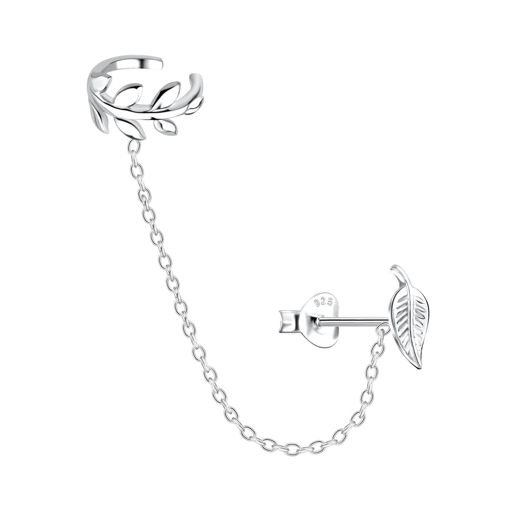 [10031982] Puces d'oreilles feuille et ear cuff en argent avec chaîne