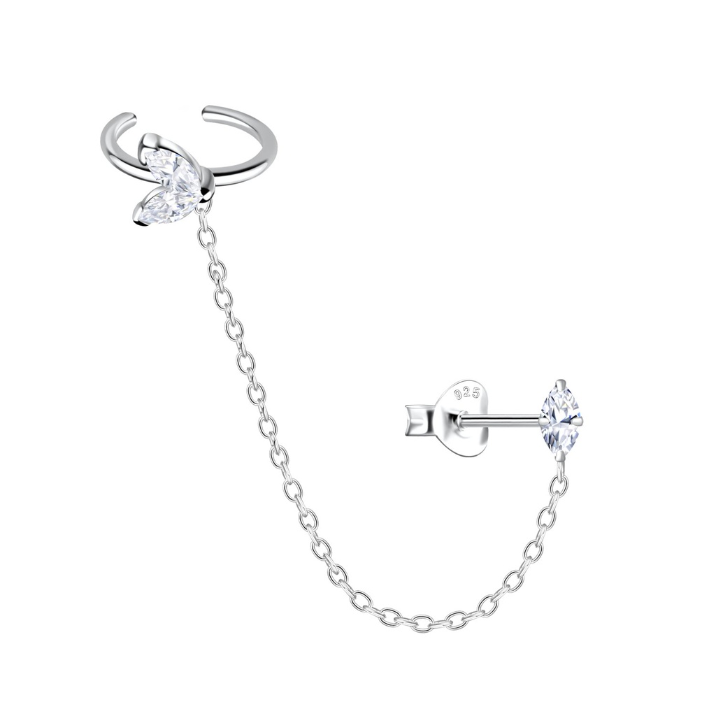 [10031980] Silver Geometric Stud Earrings and Ear Cuff with Chain