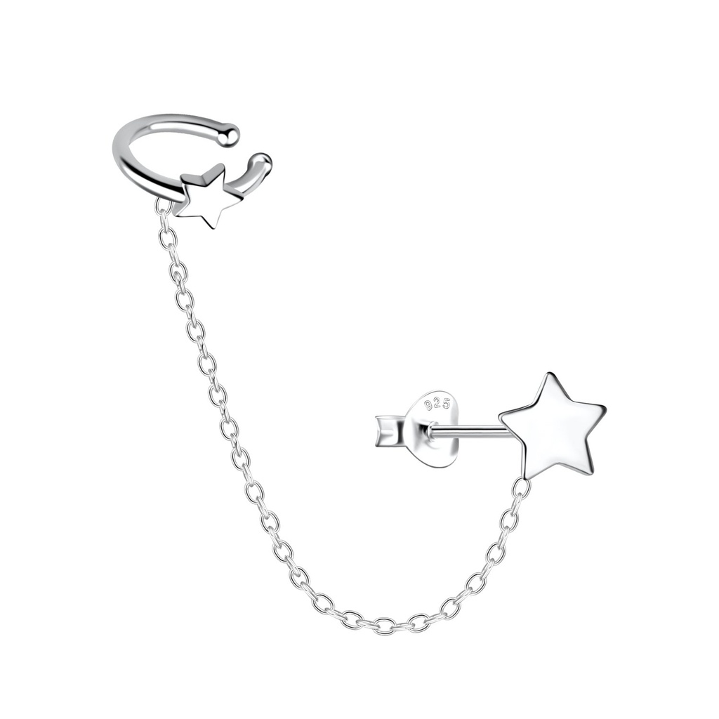 [10031979] Silver Star Stud Earrings and Ear Cuff with Chain