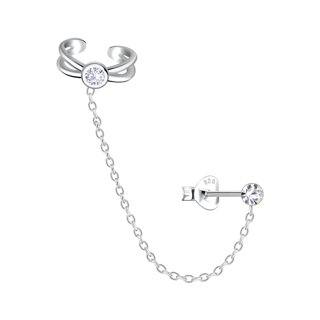 [10031978] Puces d'oreilles cristal et ear cuff croix en argent 3 mm avec chaîne