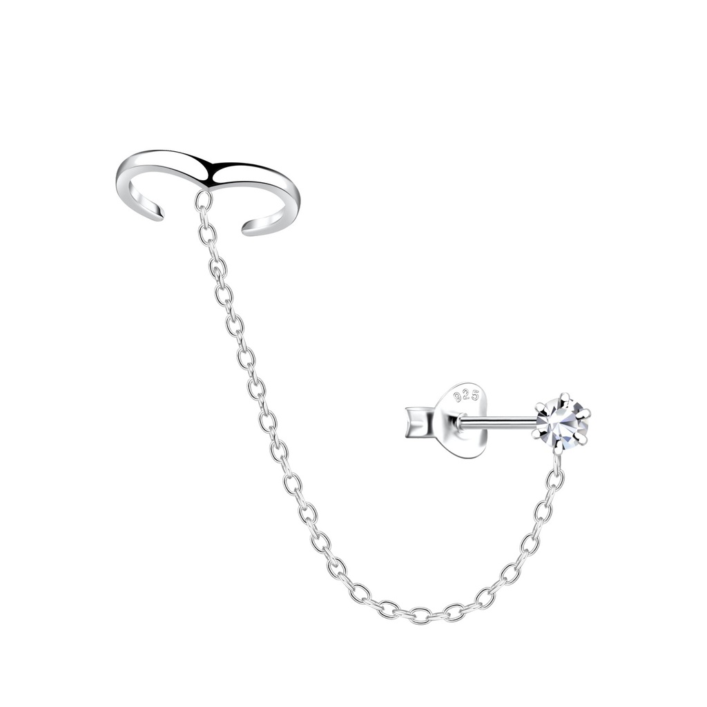 Puces d'oreilles cristal et ear cuff chevron en argent 3 mm avec chaîne