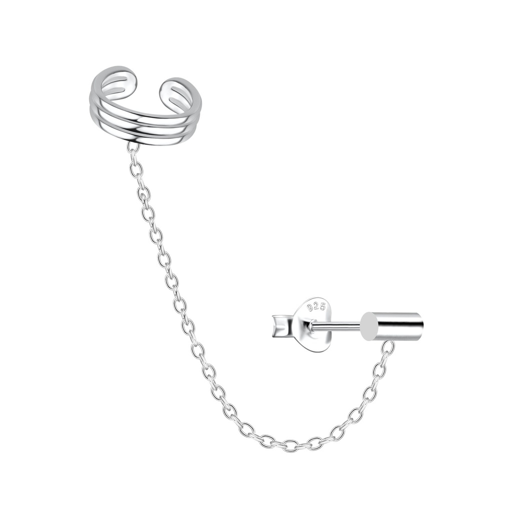 [10031976] Silver Bar Stud Earrings and Pattern Ear Cuff with Chain