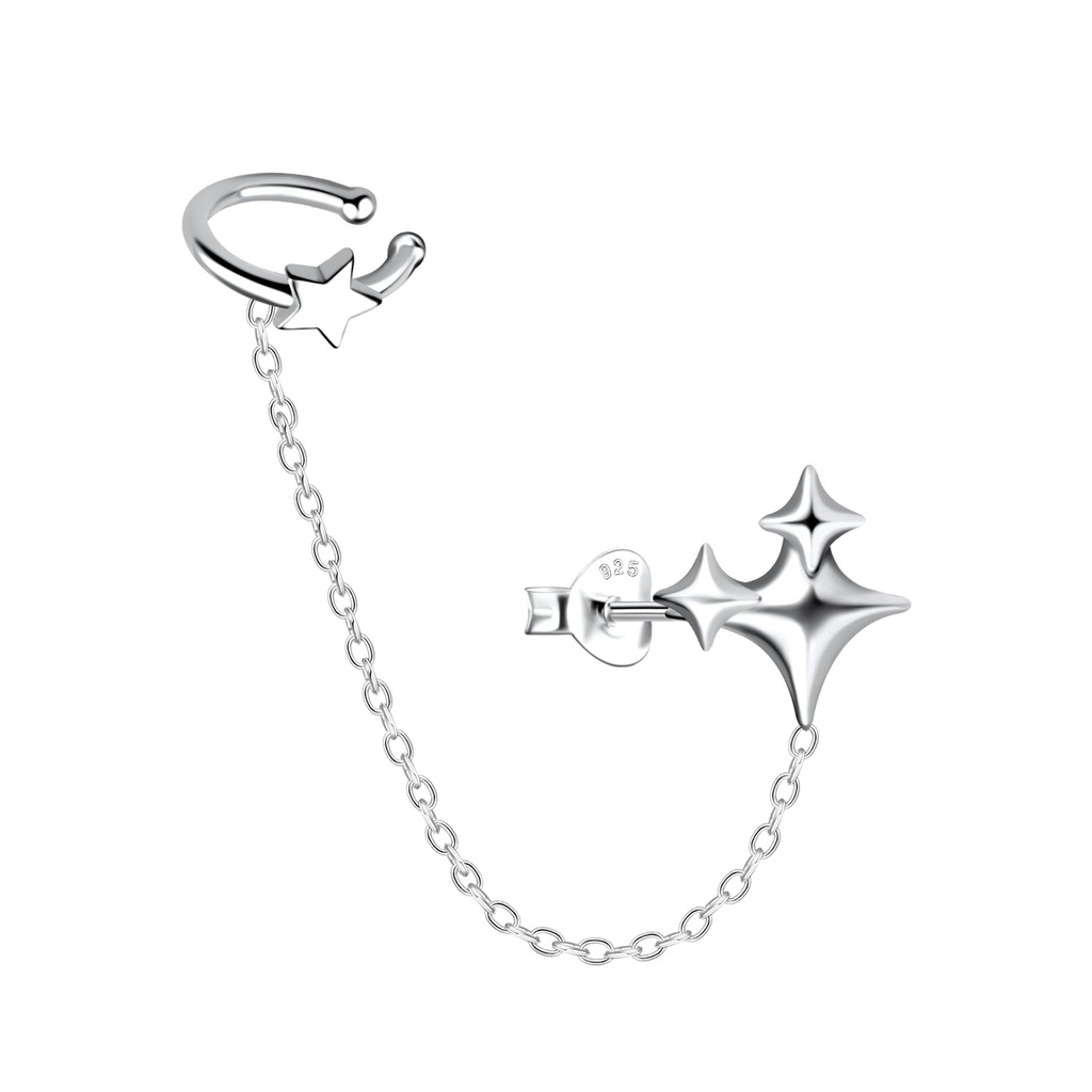 [10031975] Silver Triple Star Stud Earrings and Ear Cuff with Chain