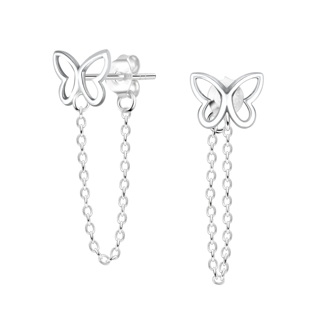 [10014560] Puces d'oreilles papillon en argent avec chaîne