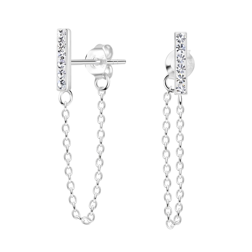[10014566] Silver Crystal Bar Stud Earrings With Chain