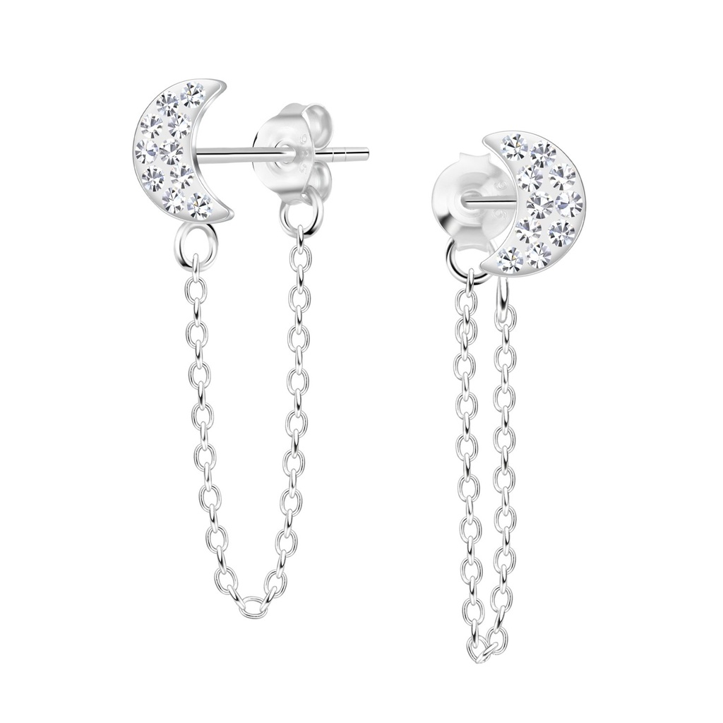 [10014565] Silver Half Moon Crystal Stud Earrings With Chain