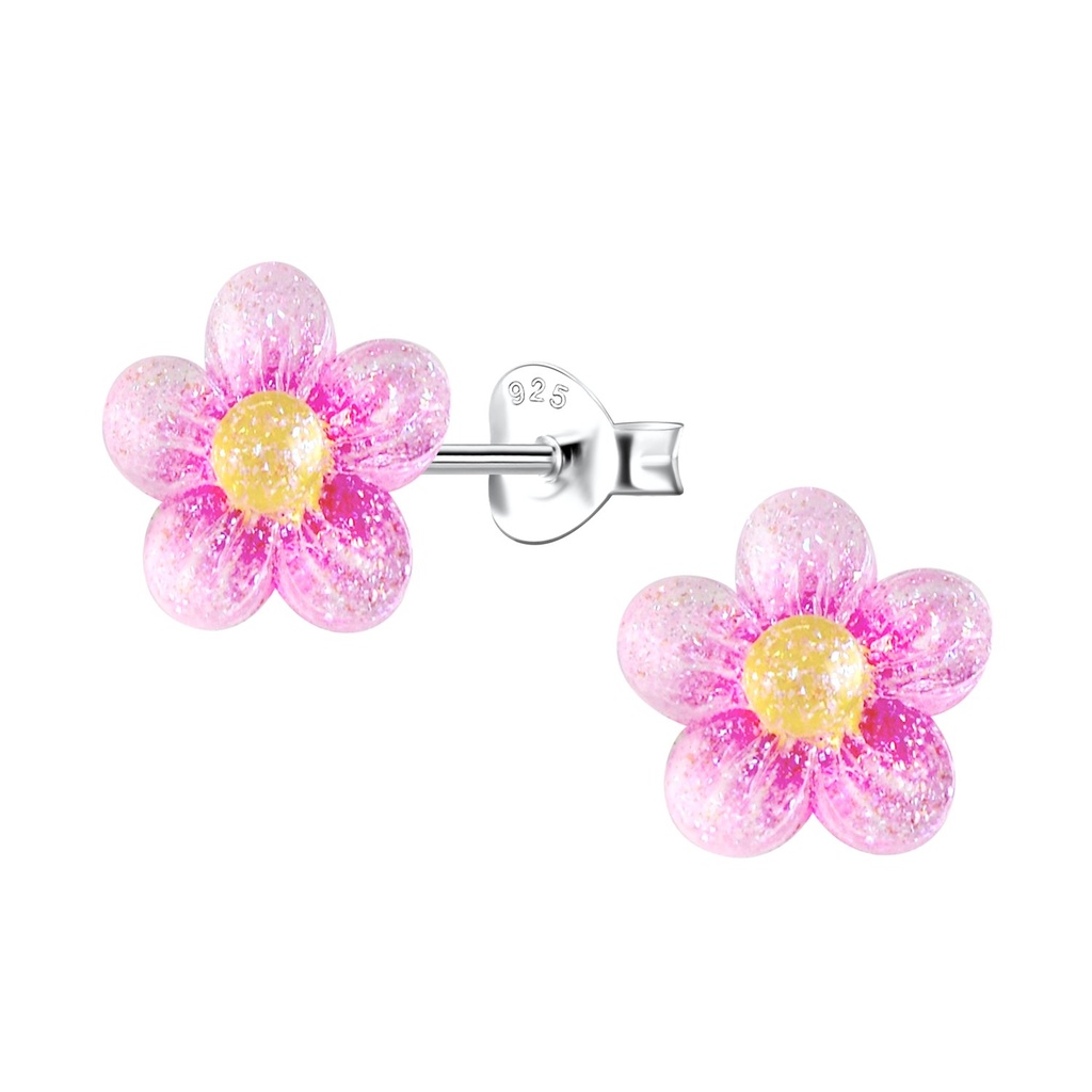 Silver Stud Earrings with Resin Flower