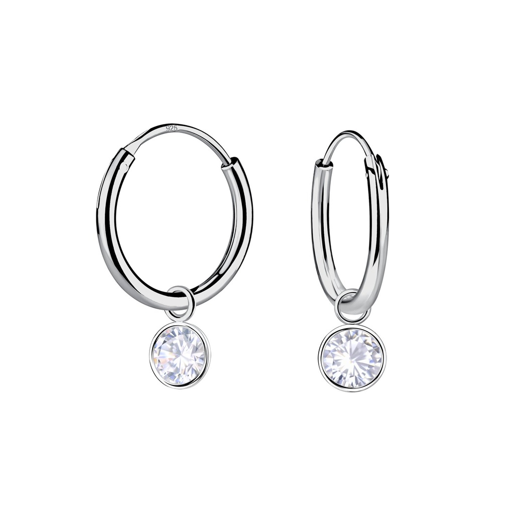 [10033965] 4mm Round Cubic Zirconia Silver Charm Hoop Earrings
