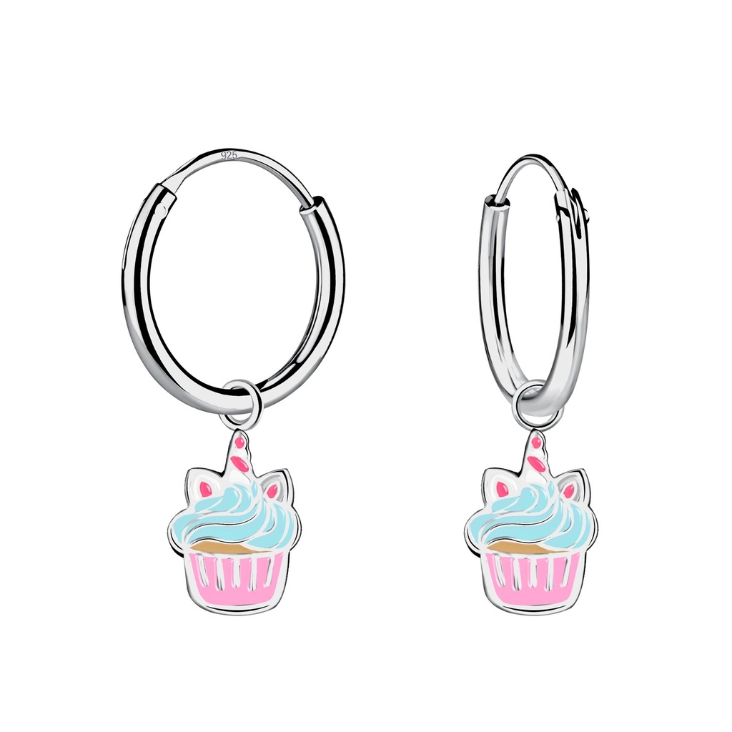 [10032662] Silver Cupcake Charm Hoop Earrings