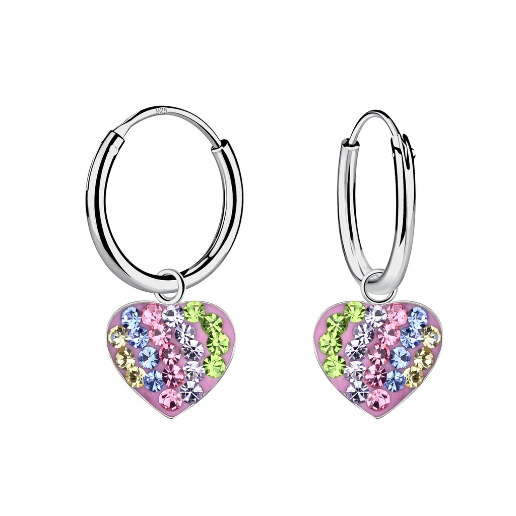 Silver Heart Crystal Charm Hoop Earrings