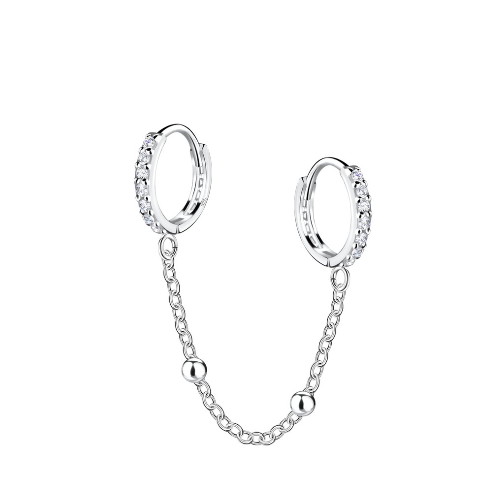 [10034322] Silver Double Huggie Earrings with Chain