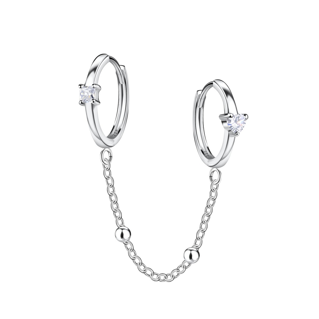 [10034321] Créoles huggie doubles en argent avec chaîne