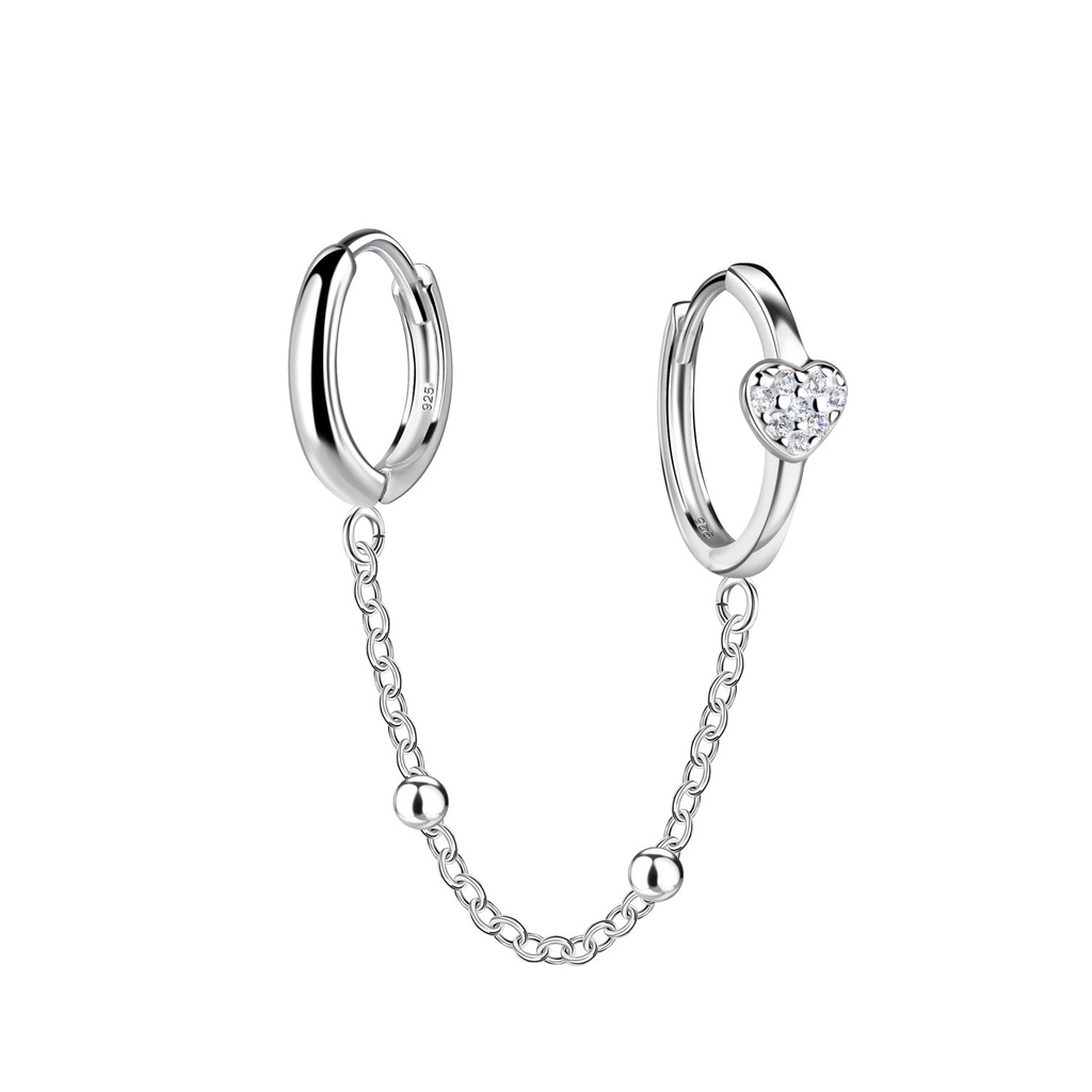 [10034320] Créoles huggie cœur doubles en argent avec chaîne