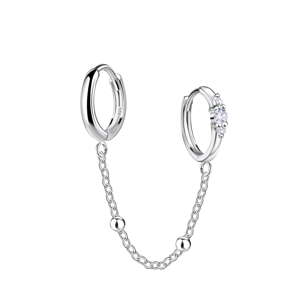 [10034319] Créoles huggie doubles en argent avec chaîne