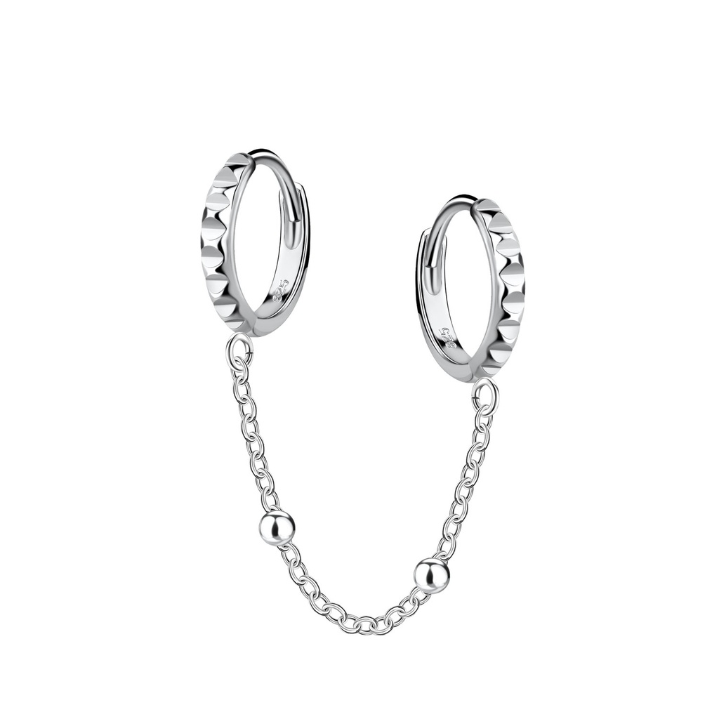 [10034318] Créoles huggie à motifs doubles en argent avec chaîne
