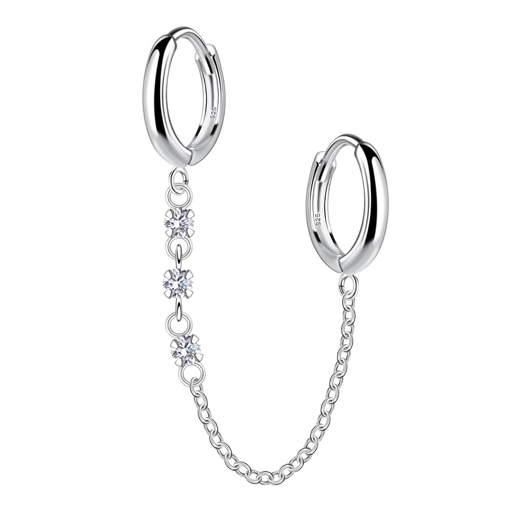 [10034315] Créoles huggie doubles en argent avec chaîne