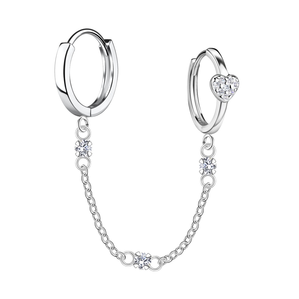 [10034313] Créoles huggie cœur doubles en argent avec chaîne