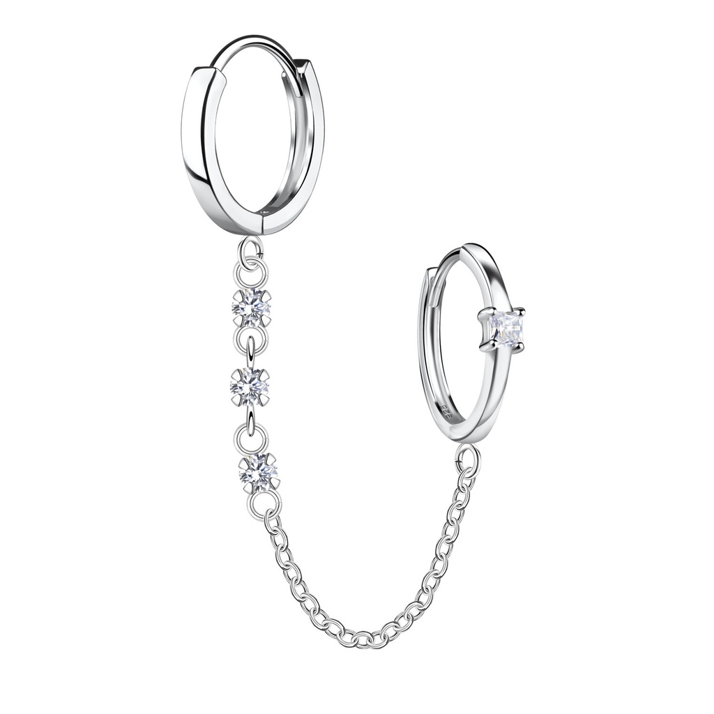 [10034311] Créoles huggie carrées doubles en argent avec chaîne