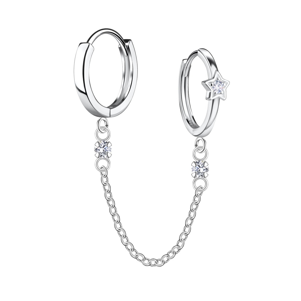 Silver Star Double Huggie Earrings with Chain