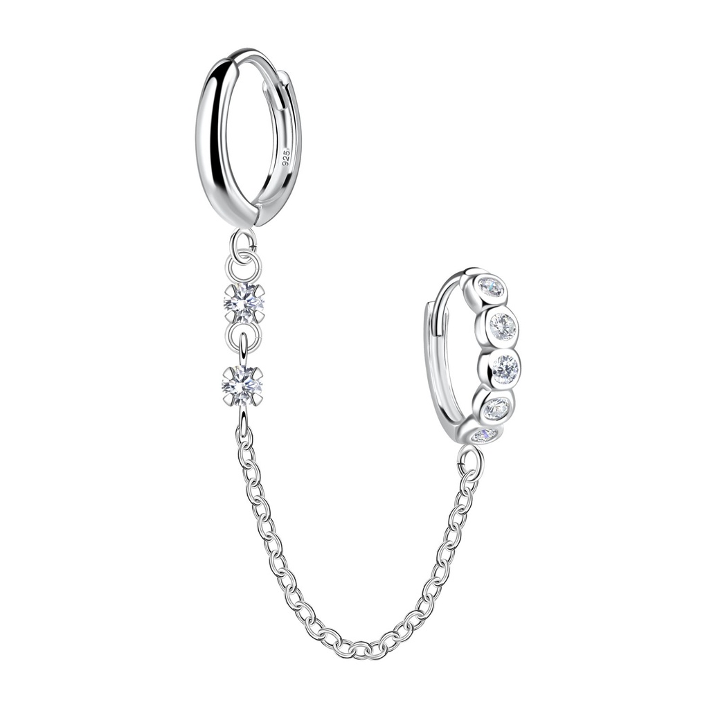 [10034309] Créoles huggie doubles en argent avec chaîne