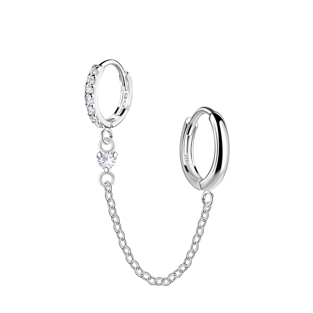 [10034308] Créoles huggie doubles en argent avec chaîne