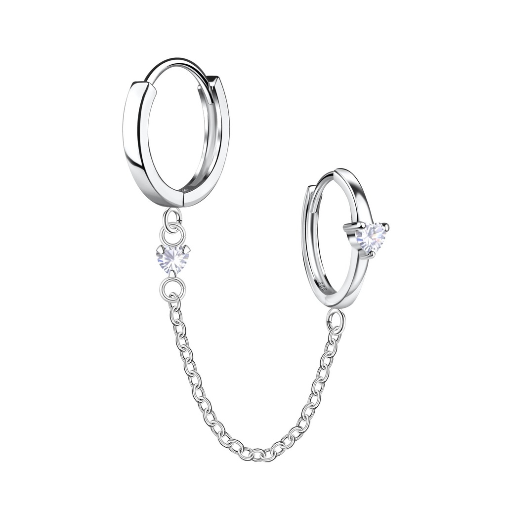 [10034307] Silver Heart Double Huggie Earrings with Chain