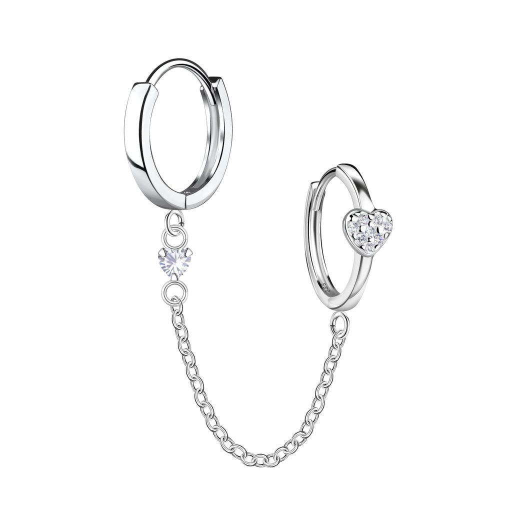 [10034306] Silver Heart Double Huggie Earrings with Chain