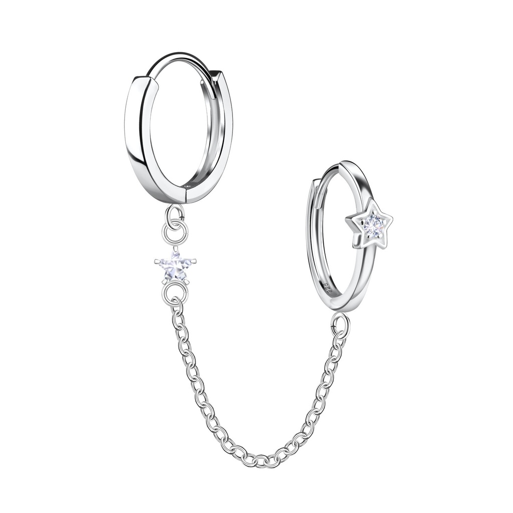 Silver Star Double Huggie Earrings with Chain