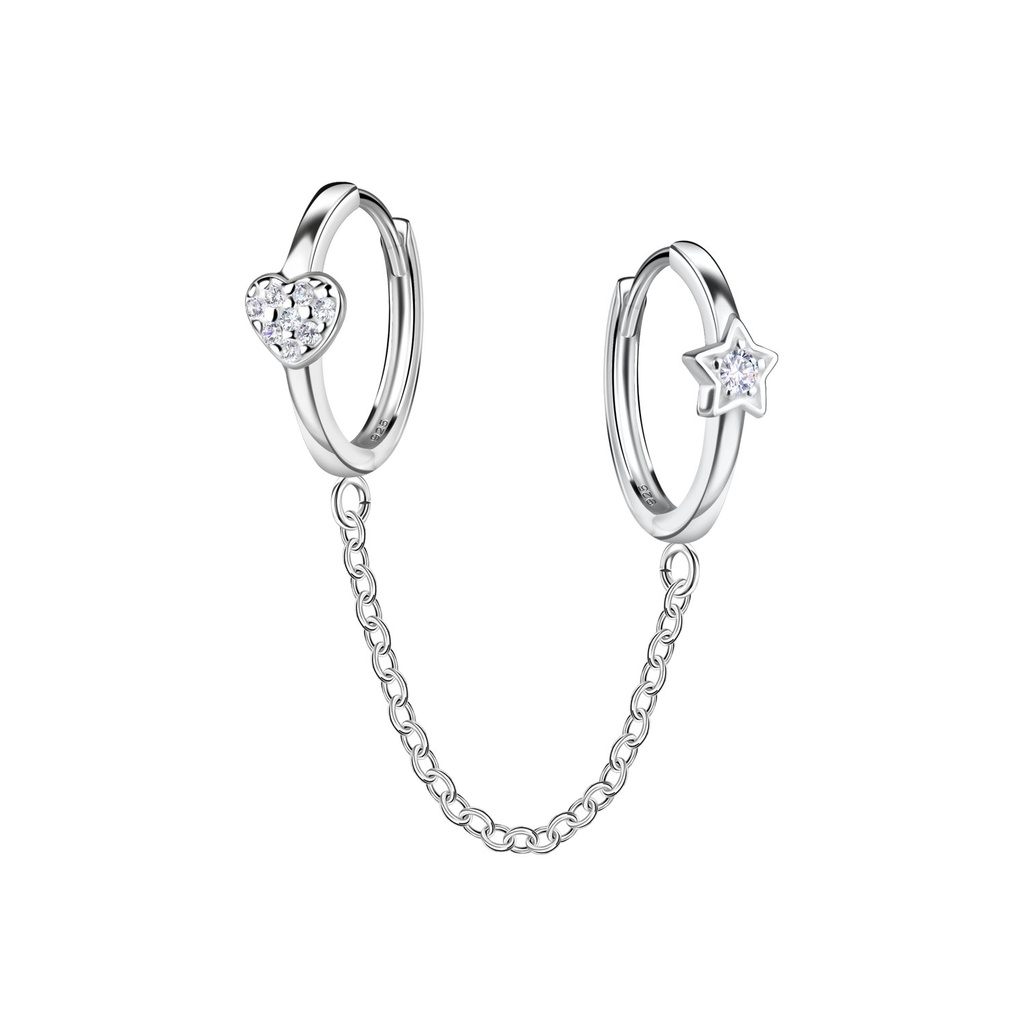 [10034301] Créoles huggie cœur et étoile doubles en argent avec chaîne