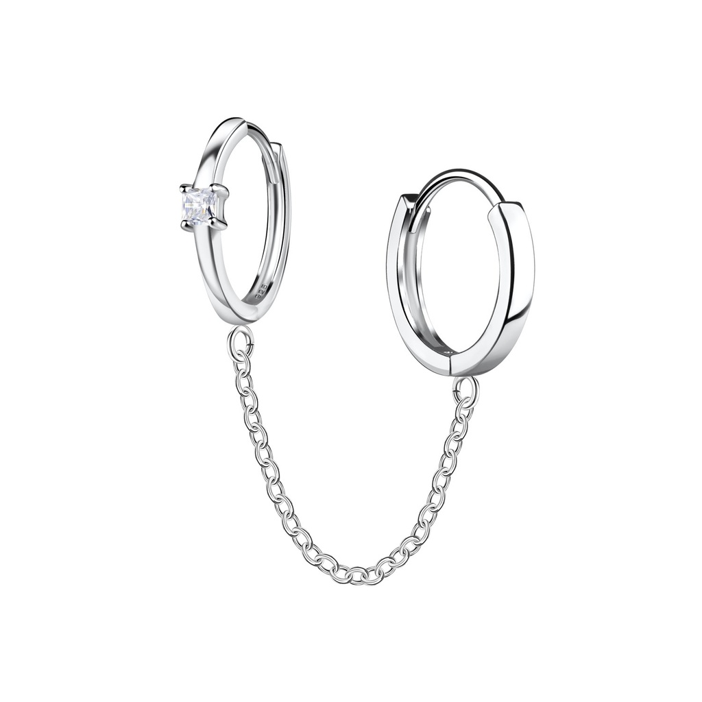 Silver Single Stone Double Huggie Earrings with Chain