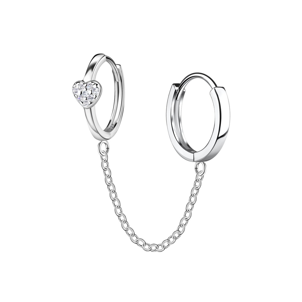 Silver Heart Double Huggie Earrings with Chain
