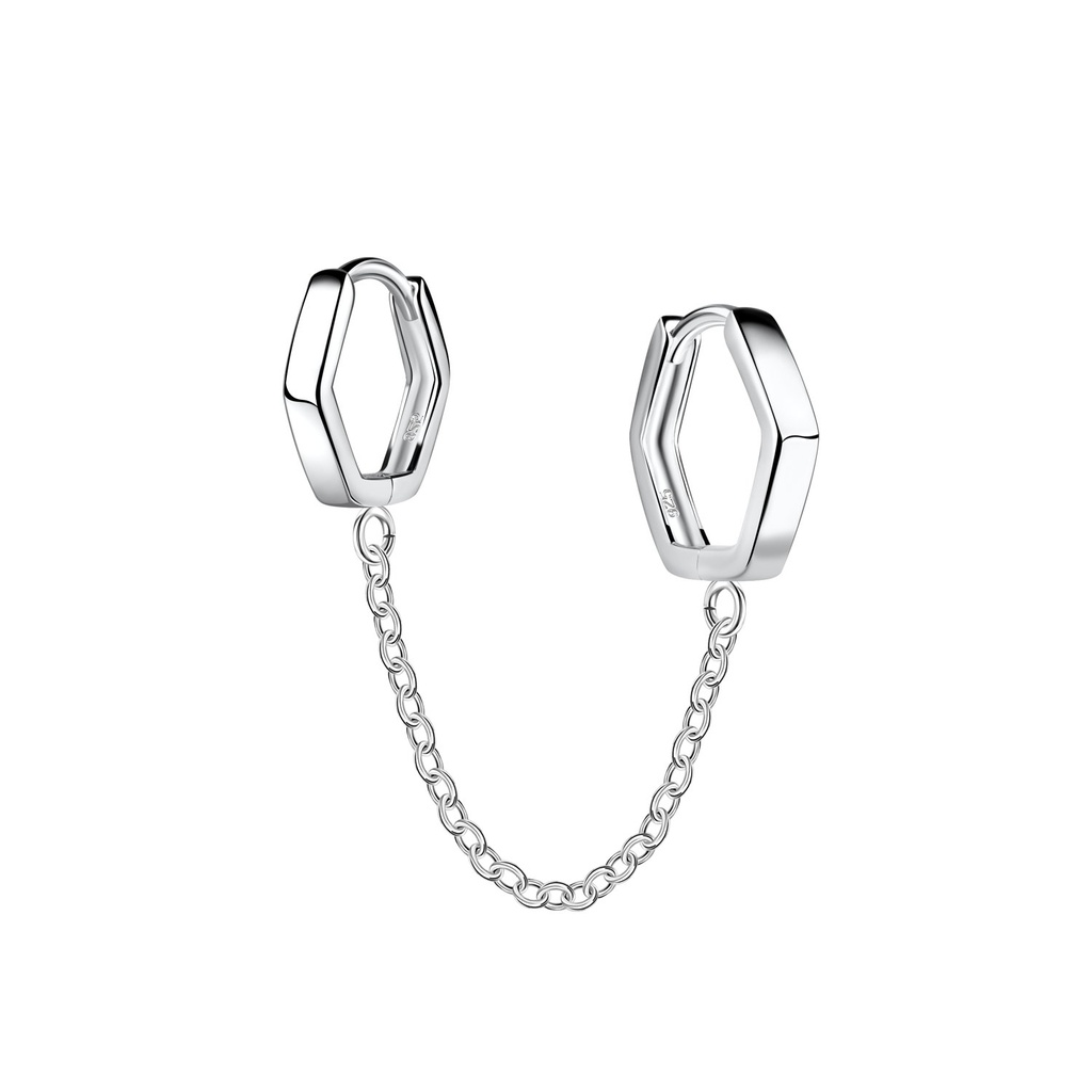 [10034296] Silver Double Geometric Huggie Earrings with Chain