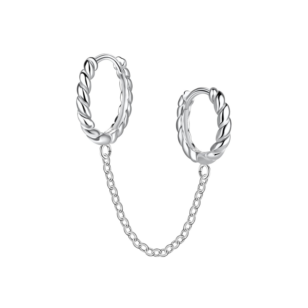 [10034295] Créoles huggie doubles torsadées en argent avec chaîne