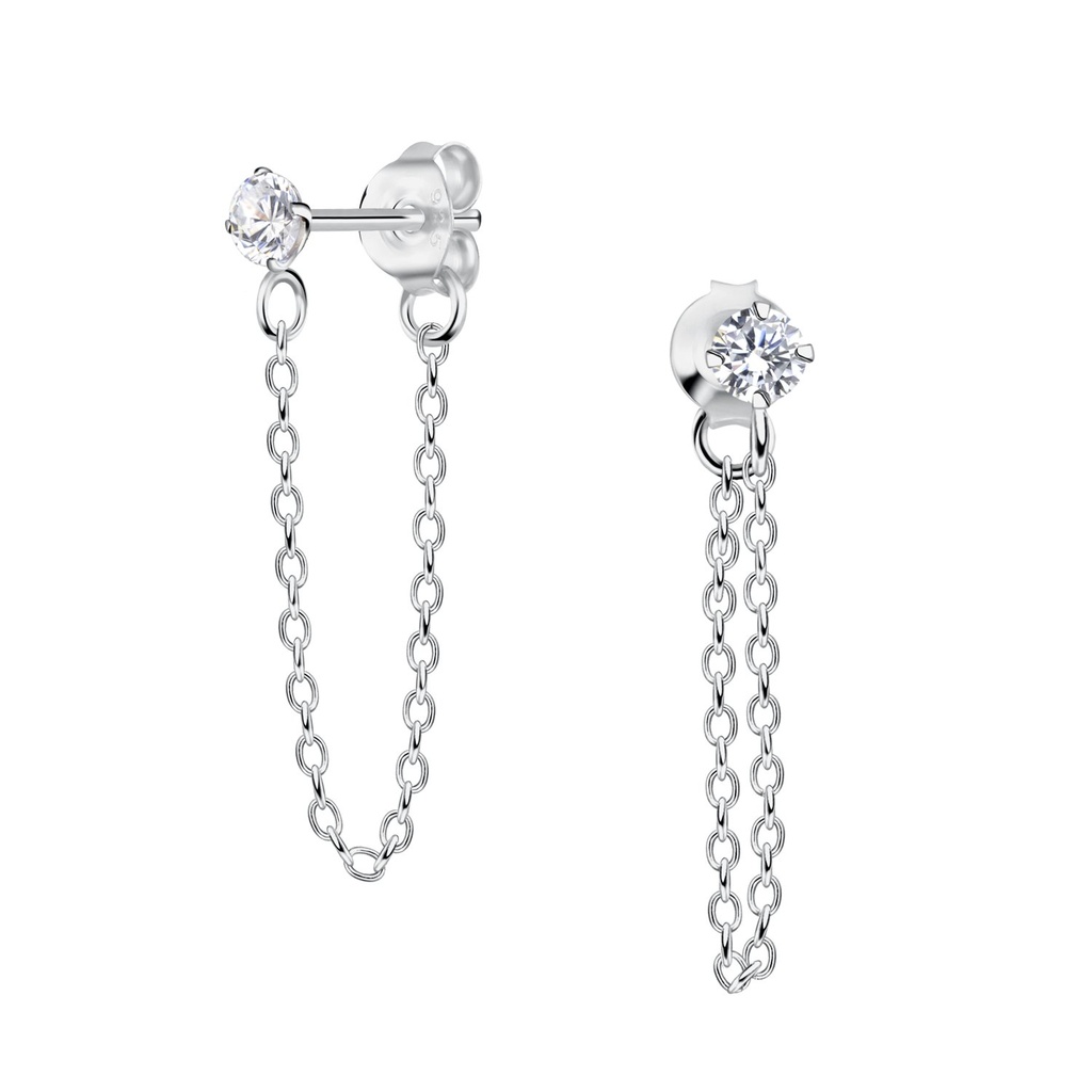 [10034960] 3mm Round Cubic Zirconia Silver Stud Earrings with Chain