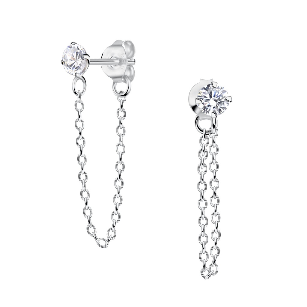 [10014532] Puces d'oreilles en argent zircon rond 4 mm avec chaîne