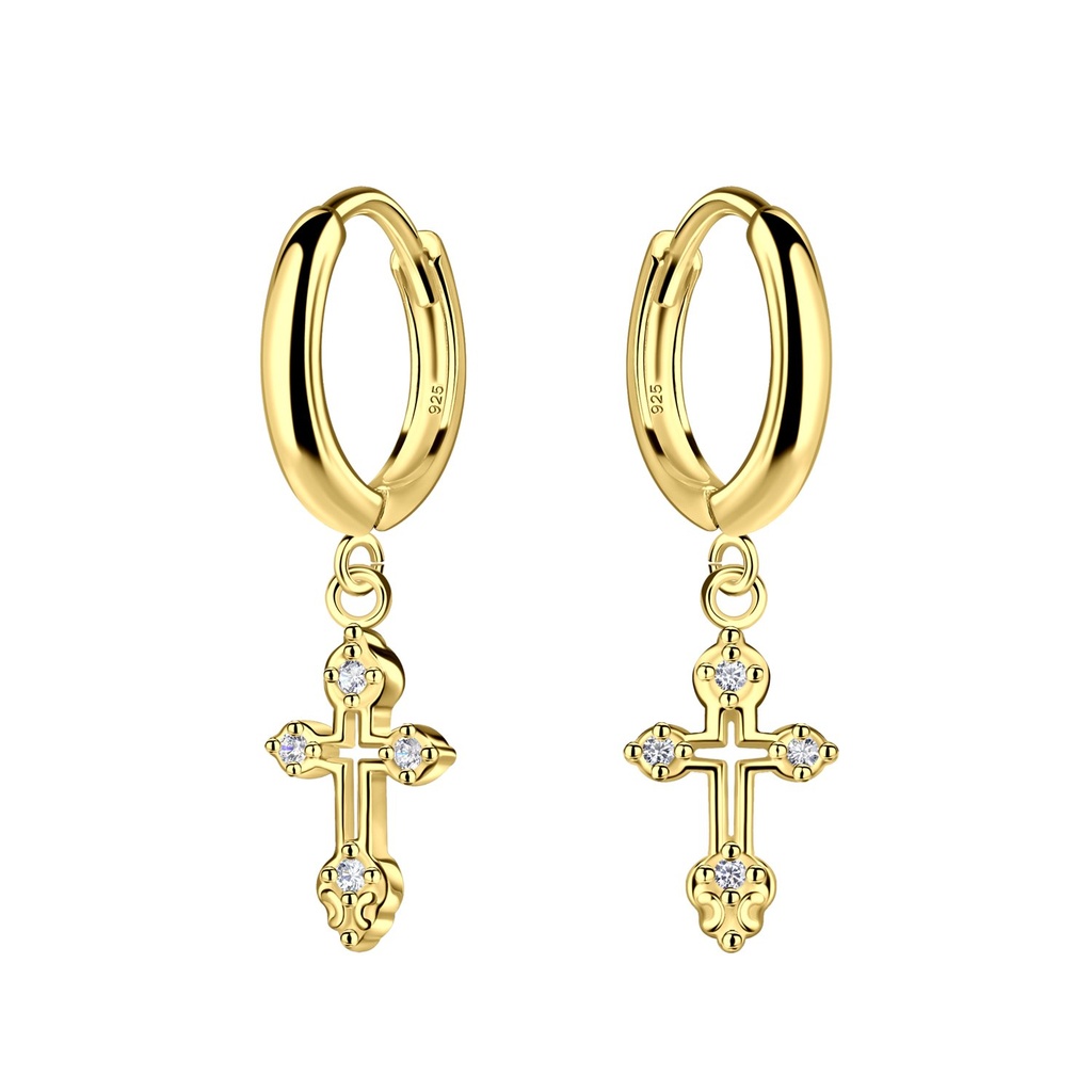 [10036110] Silver Cross Charm Huggie Earrings
