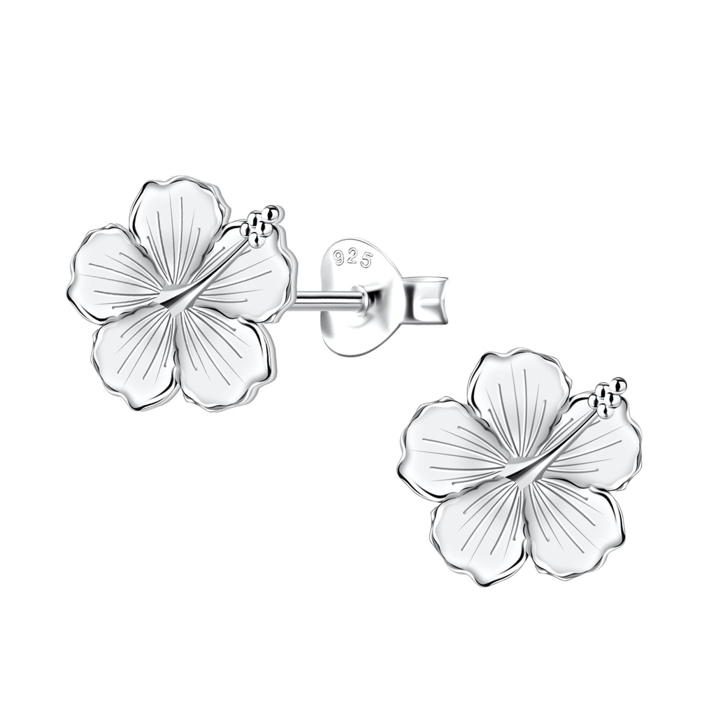 [10035267] Silver Hibiscus Flower Stud Earrings