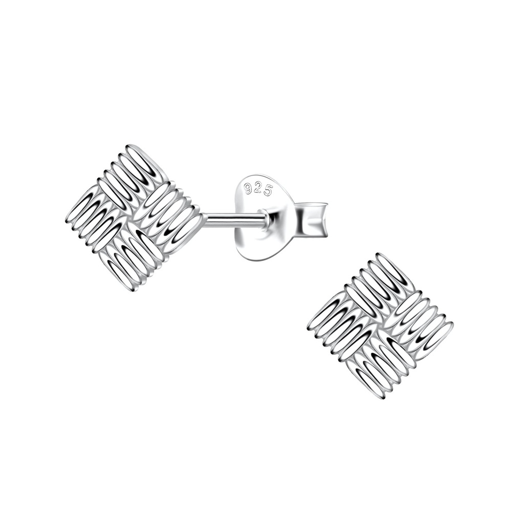 Silver Patterned Square Stud Earrings 