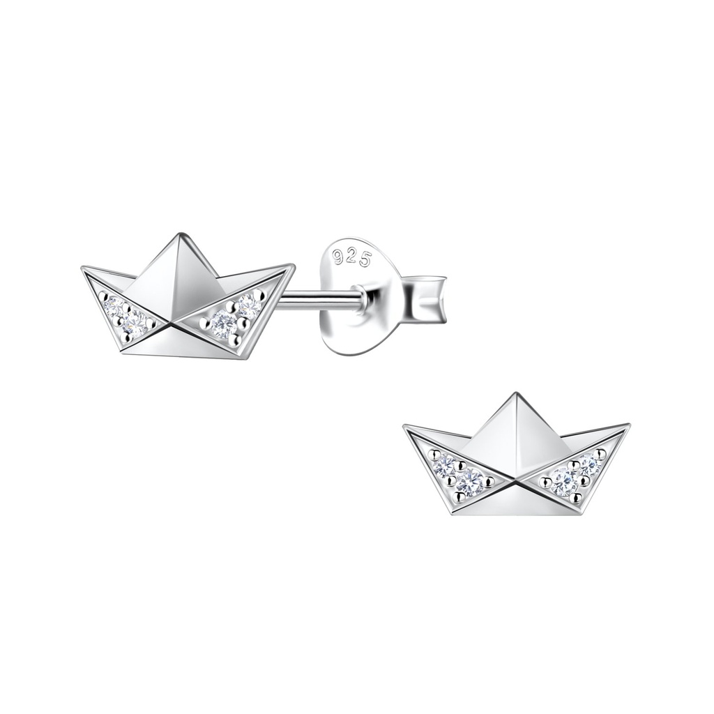 Silver Origami Boat Stud Earrings