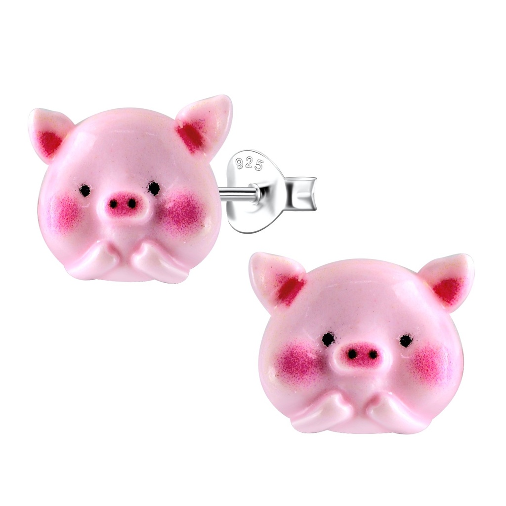 [10034504] Silver Stud Earrings with Resin Pig