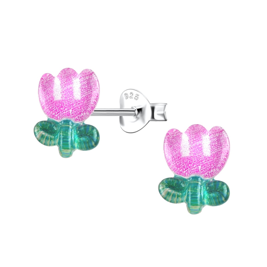 [10034485] Silver Stud Earrings with Resin Tulip Flower
