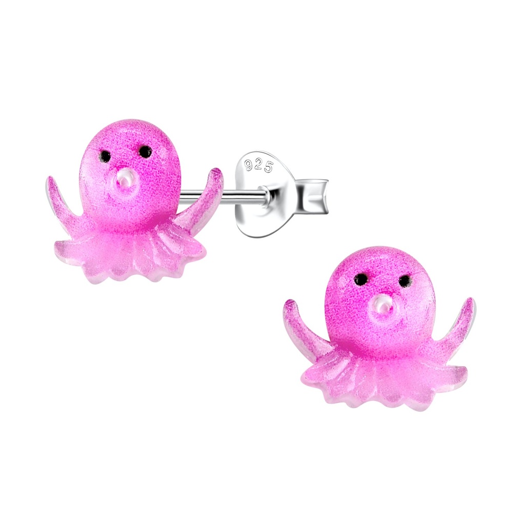 [10034495] Silver Stud Earrings with Resin Octopus